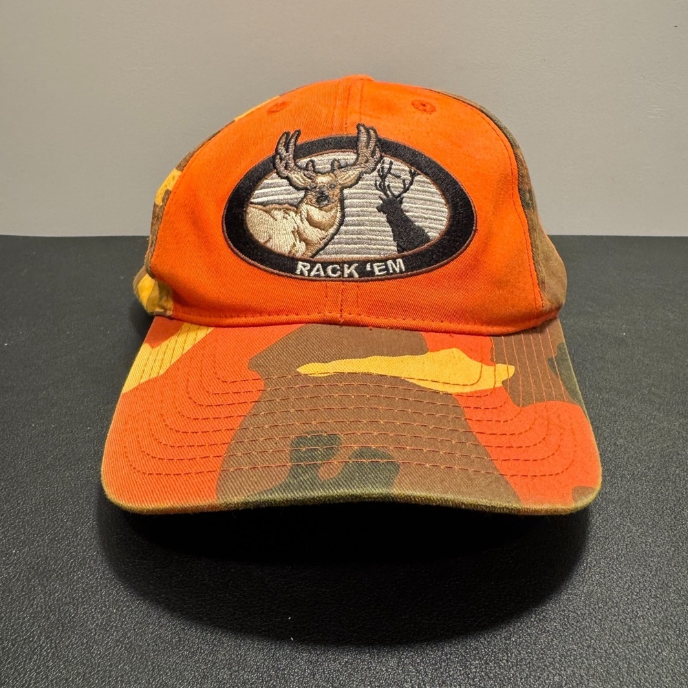 Rack 'Em Deer Hunting Hat Cap Captivating Headgear‎ Neon Orange Camo Strap Back